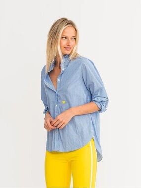 Kerri Rosenthal Mia shirt Blue Pinstripe Button-Down Ruffled collar + cuffs XL